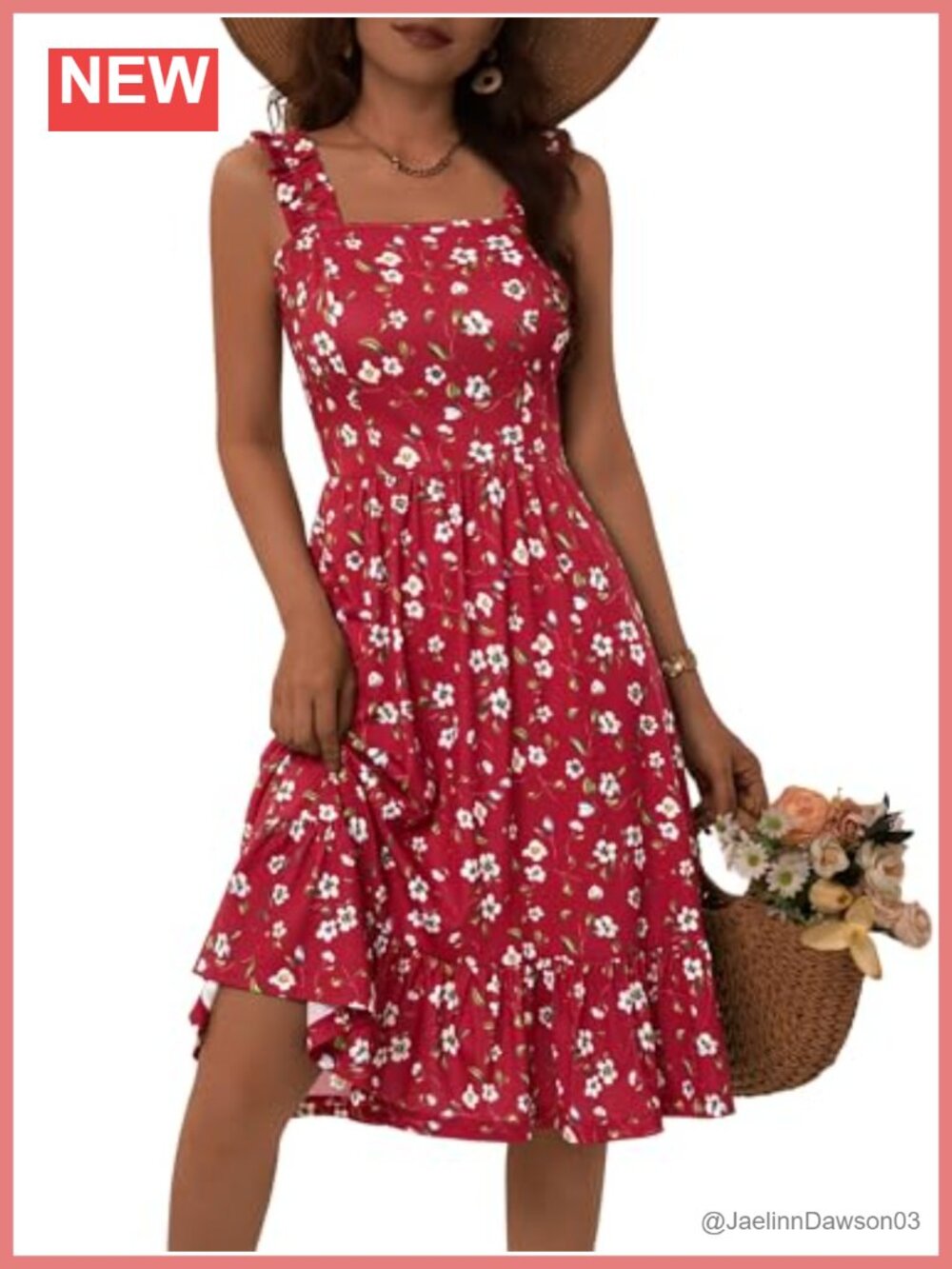 Womens Midi Sundress Square Neck Elastic Straps Ruffle Hem A-Line